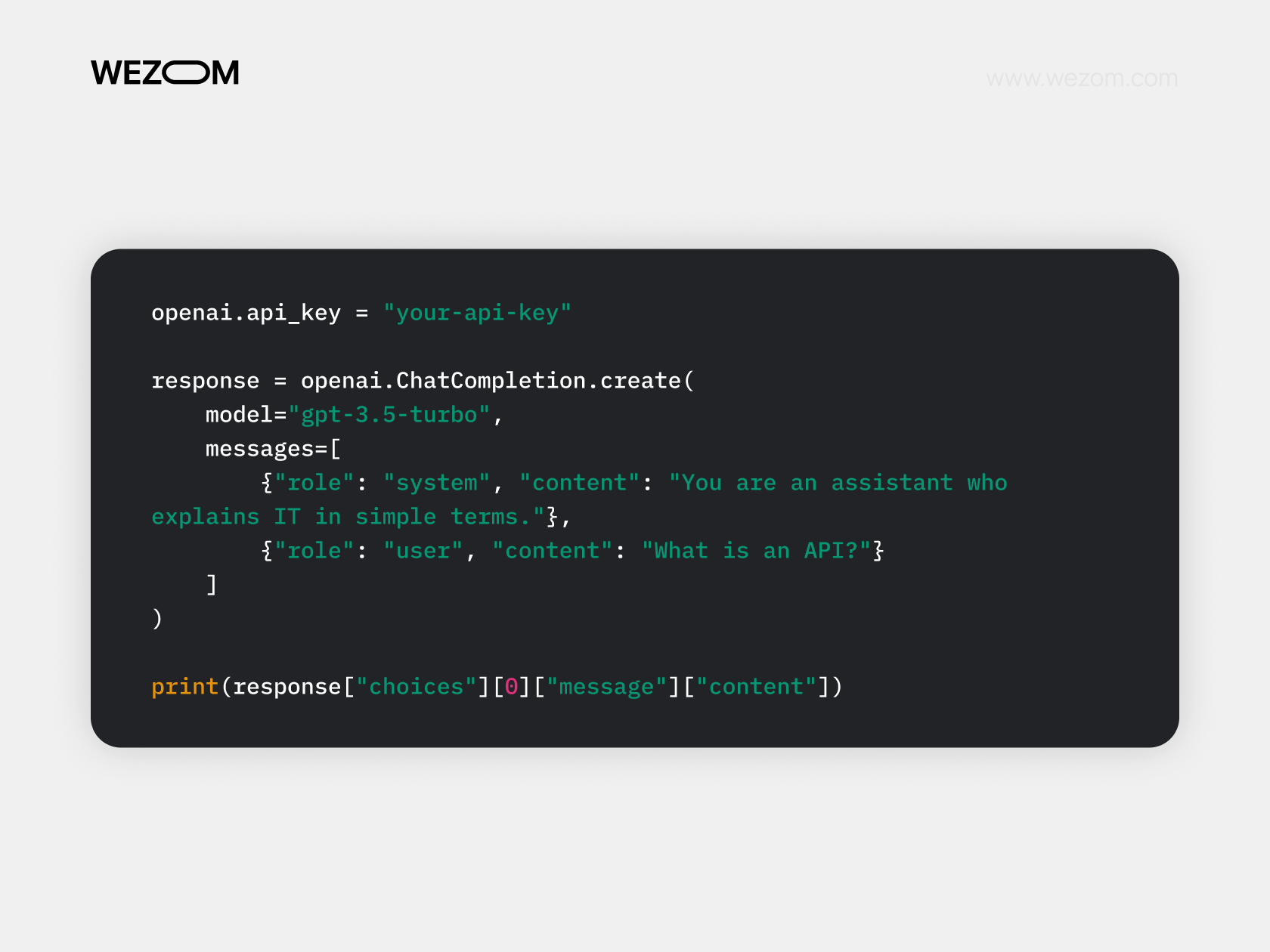 Python example showing how to use OpenAI API with gpt-3.5-turbo to answer user questions using system and user roles